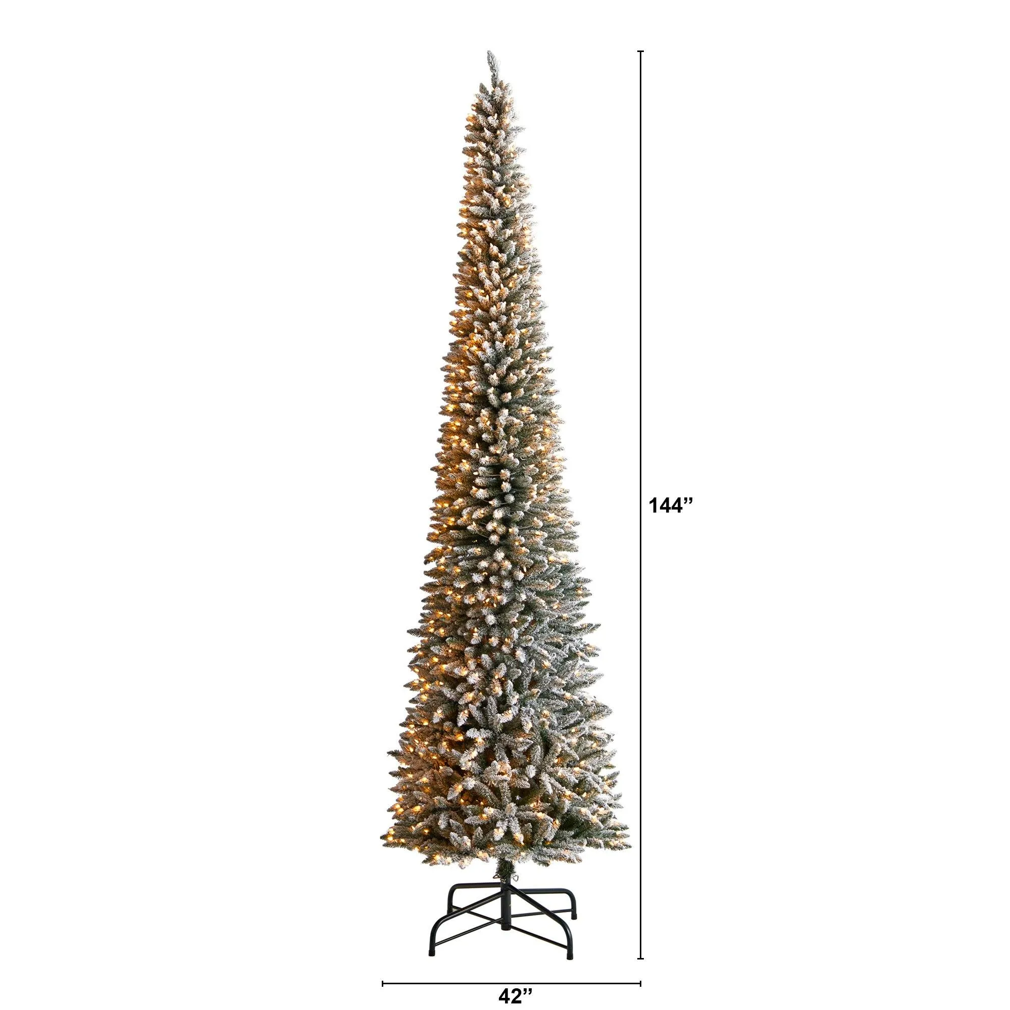 12’ Flocked Pencil Artificial Christmas Tree with 1000 Clear Lights and 1819 Bendable Branches