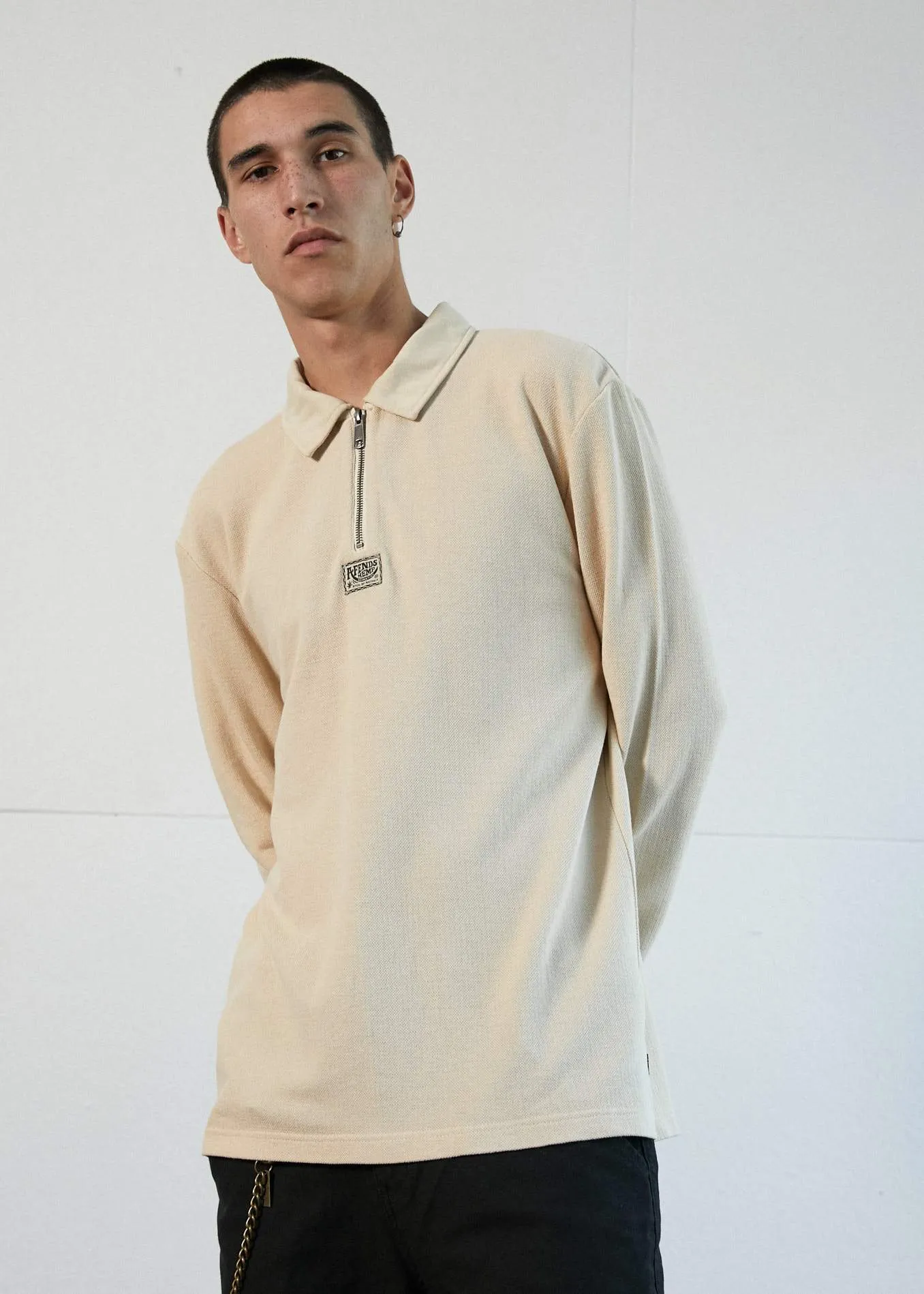 Afends Mens Meninga - Hemp Half Zip Long Sleeve Polo Tee - Macadamia