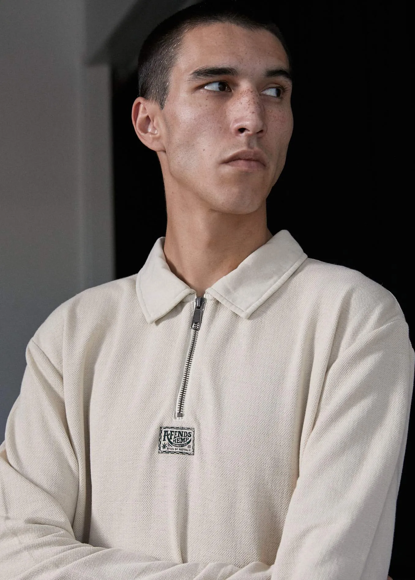 Afends Mens Meninga - Hemp Half Zip Long Sleeve Polo Tee - Macadamia