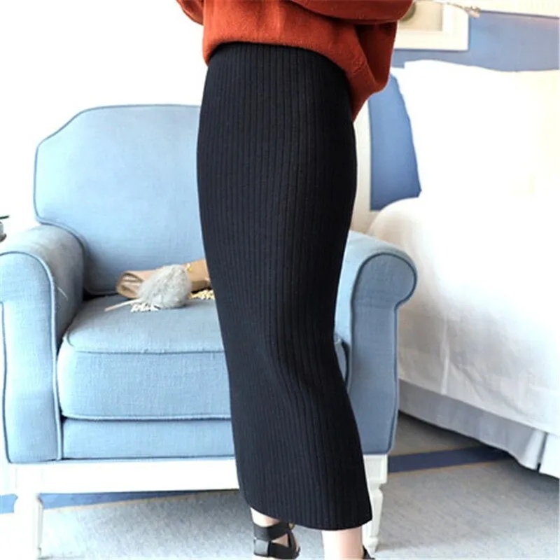 Ankle-length Knitted Woolen Midi Pencil Skirt for Women