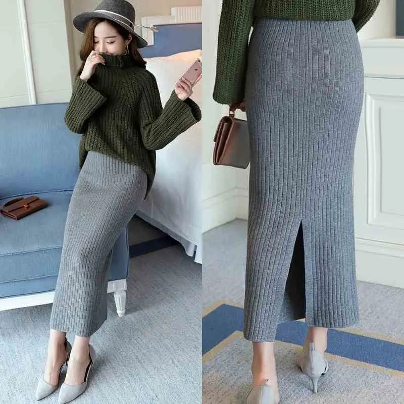 Ankle-length Knitted Woolen Midi Pencil Skirt for Women