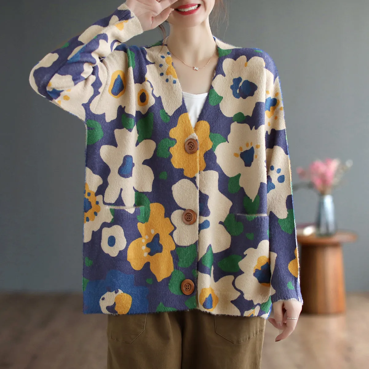 Babakud Women Autumn Retro Floral Cotton Cardigan