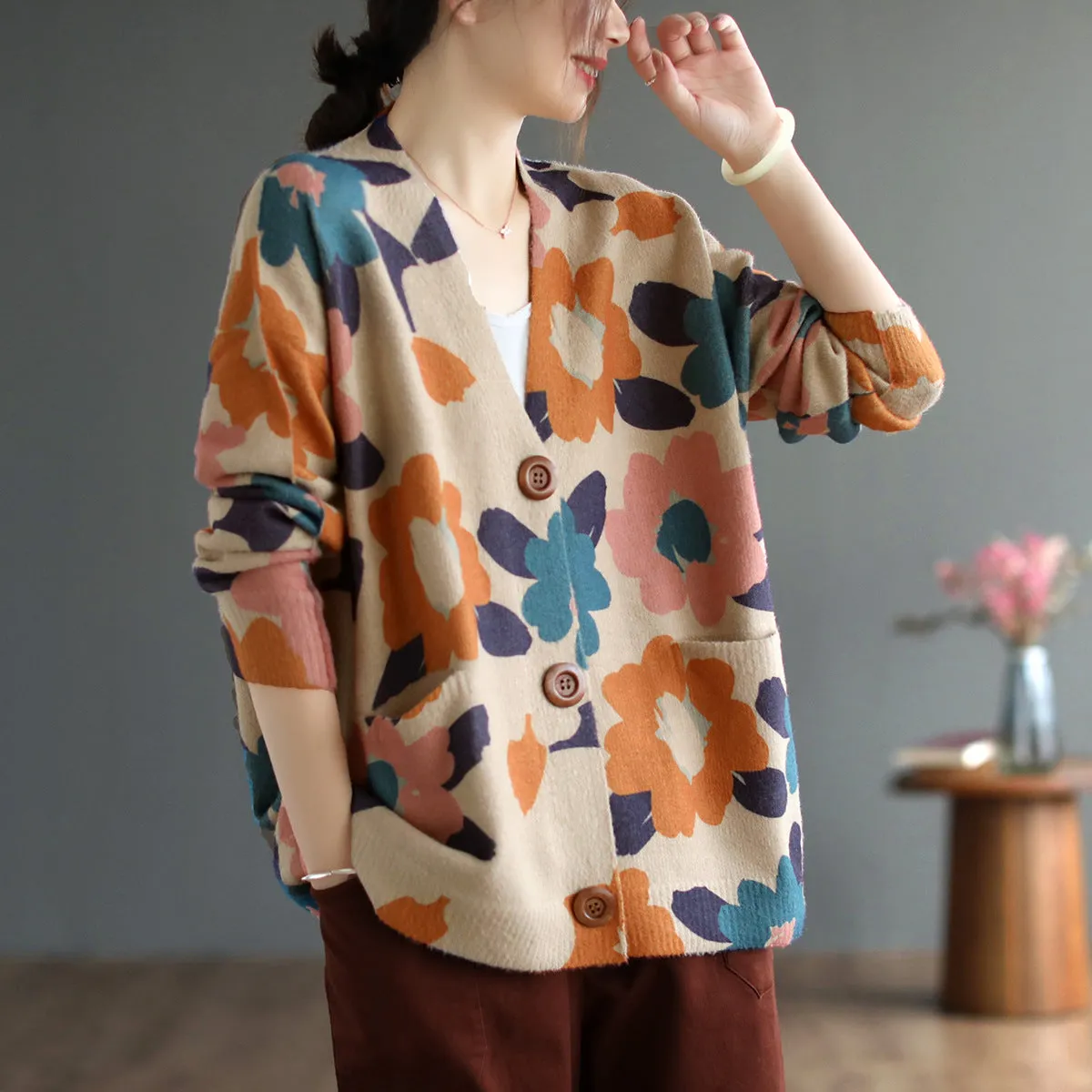 Babakud Women Autumn Retro Floral Cotton Cardigan