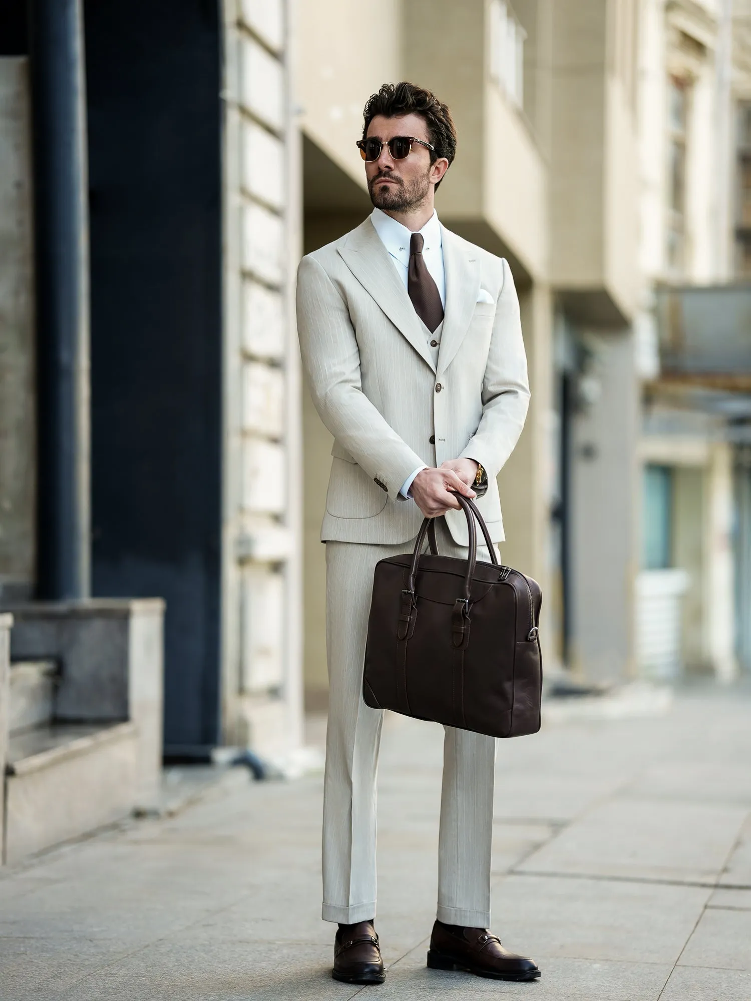 Beige Striped Slim-Fit Suit 3-Piece