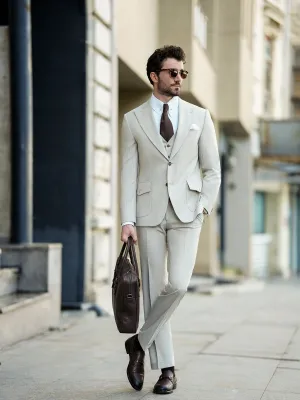 Beige Striped Slim-Fit Suit 3-Piece