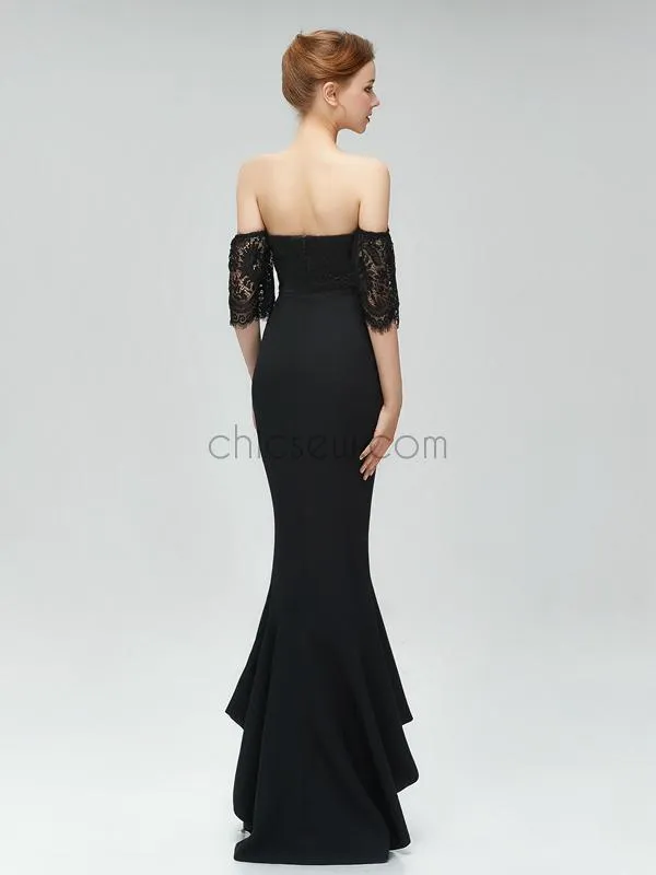 Black Sweetheart Lace High Low Mermaid Long Bridesmaid Dresses XDM1115