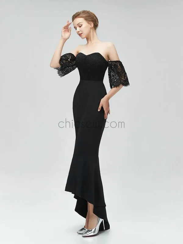 Black Sweetheart Lace High Low Mermaid Long Bridesmaid Dresses XDM1115