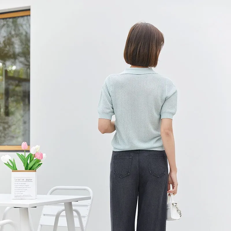 Blue Green Short Sleeve Knitted T-shirt