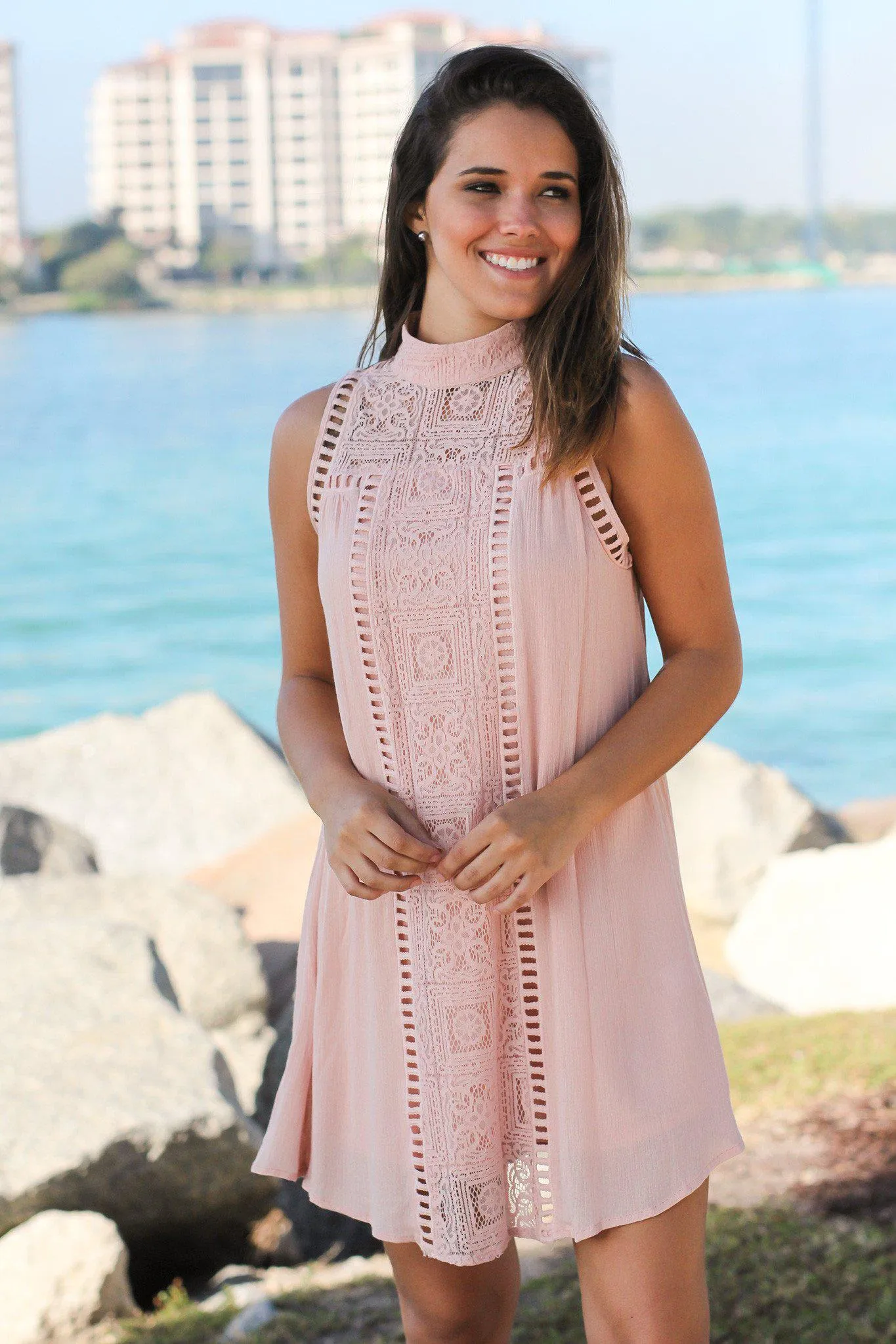 Blush Short Dress with Lace Detail