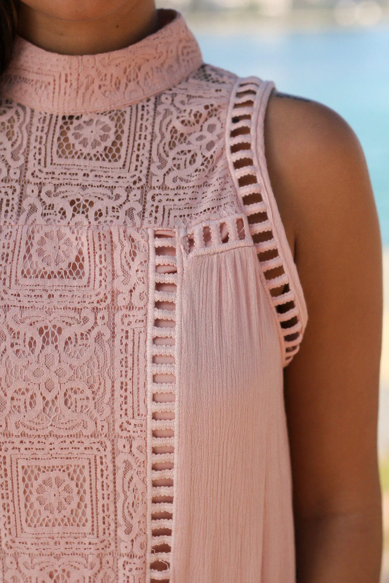 Blush Short Dress with Lace Detail