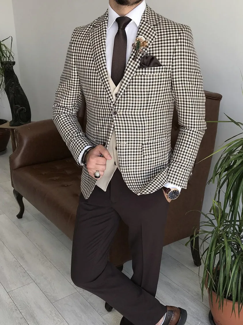 Bojoni Cagliari Beige Plaid Slim-Fit Suit 3-Piece