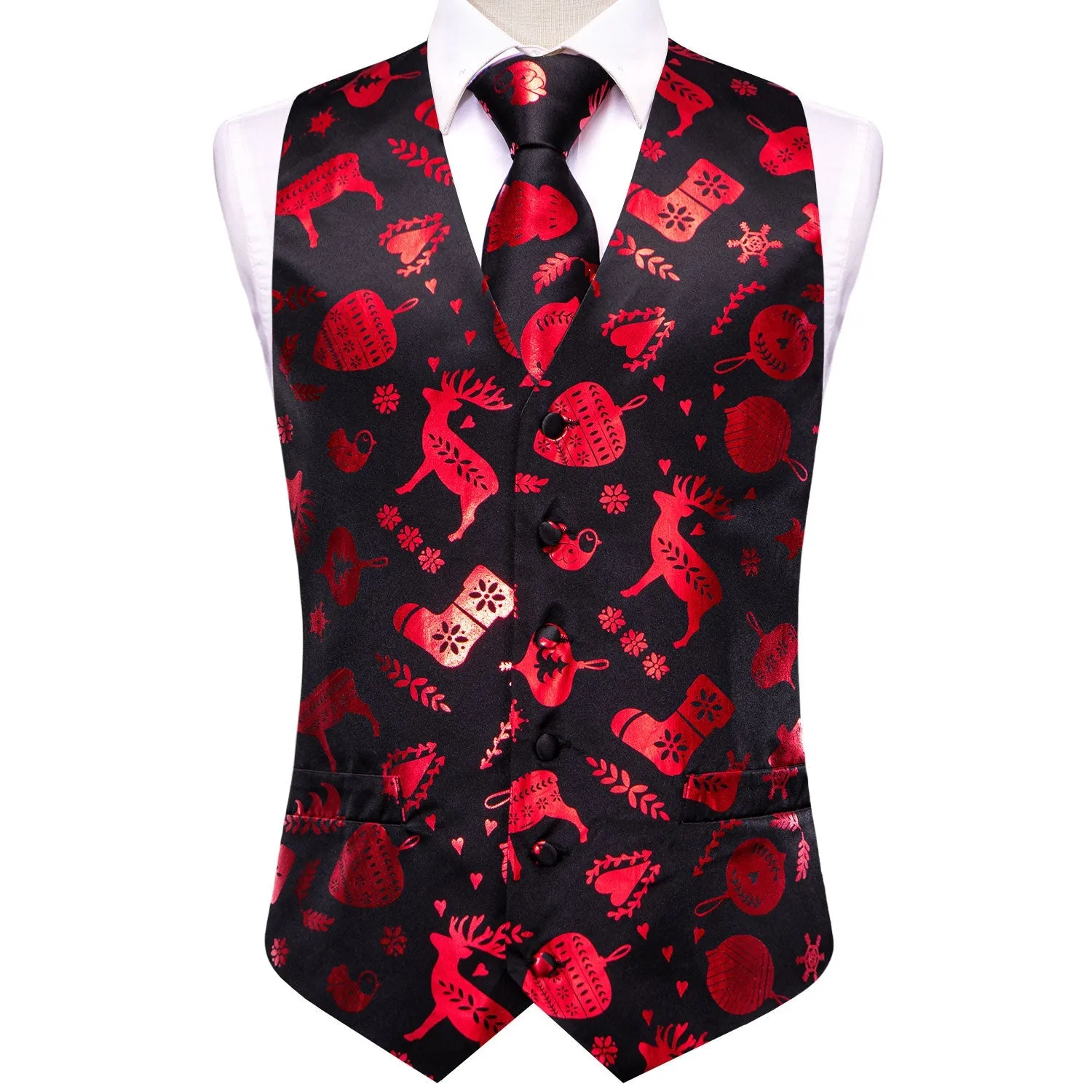 Christmas Black Red Deer Novelty Jacquard Silk Men's Vest Hanky Cufflinks Tie Set