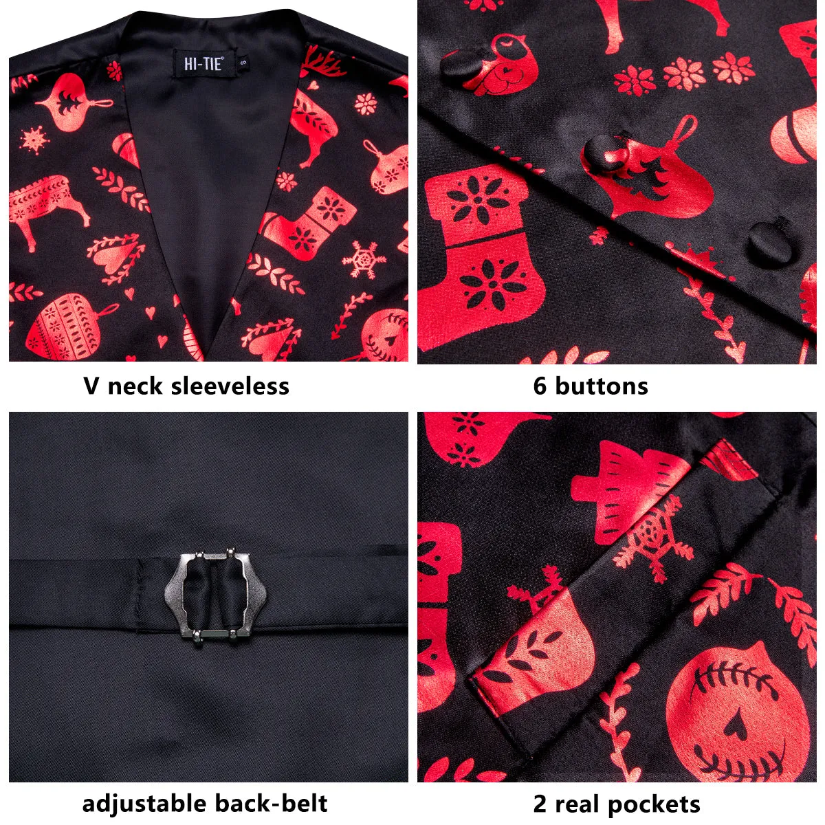 Christmas Black Red Deer Novelty Jacquard Silk Men's Vest Hanky Cufflinks Tie Set