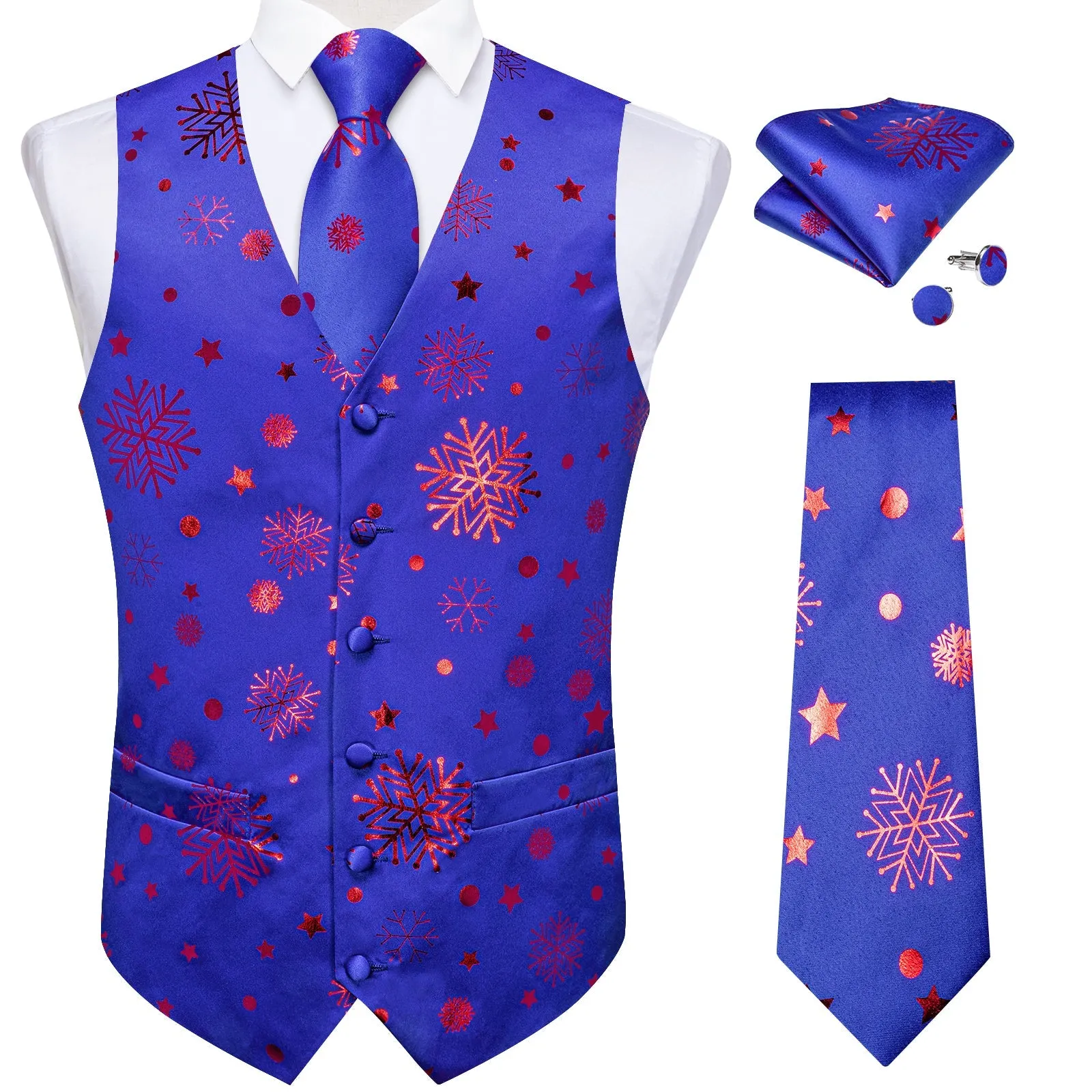 Christmas Blue Red Pattern Novelty Jacquard Silk Men's Vest Hanky Cufflinks Tie Set