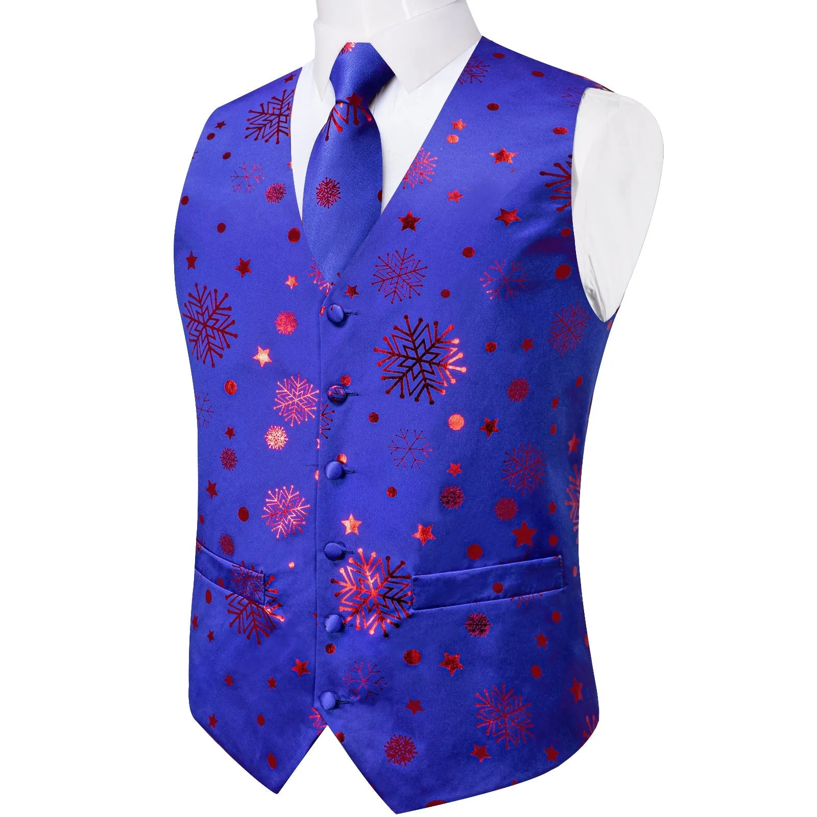 Christmas Blue Red Pattern Novelty Jacquard Silk Men's Vest Hanky Cufflinks Tie Set