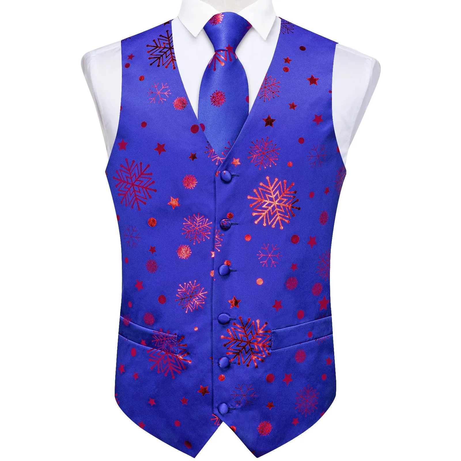 Christmas Blue Red Pattern Novelty Jacquard Silk Men's Vest Hanky Cufflinks Tie Set