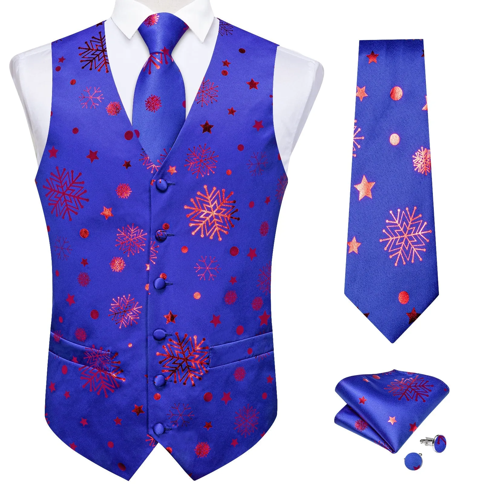 Christmas Blue Red Pattern Novelty Jacquard Silk Men's Vest Hanky Cufflinks Tie Set