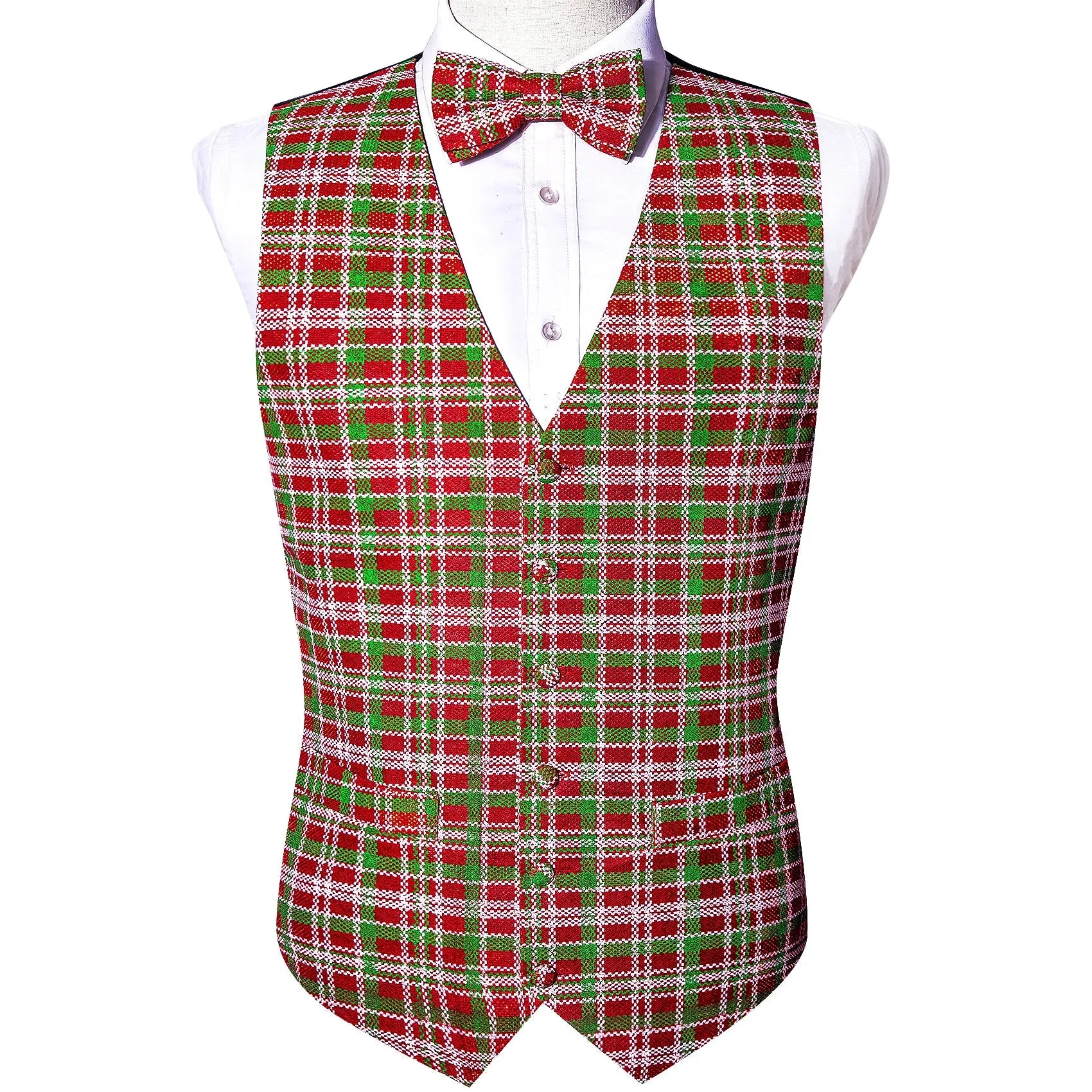 Christmas Red Green Plaid Jacquard Silk Men's Vest Bow Tie Set Waistcoat Suit Set