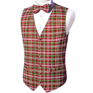 Christmas Red Green Plaid Jacquard Silk Men's Vest Bow Tie Set Waistcoat Suit Set