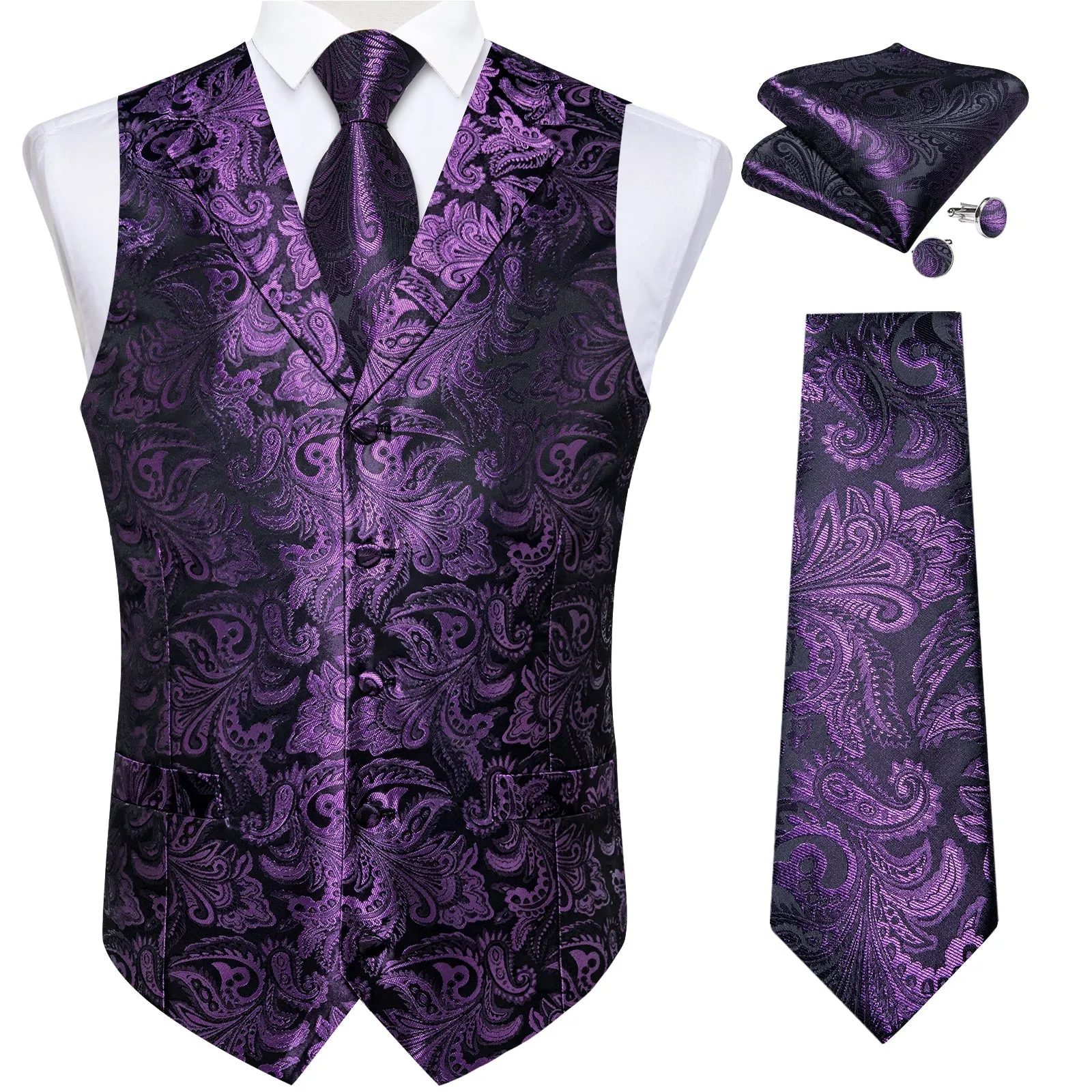 Classic Indigo Purple Luxury Paisley Jacquard Men's Collar Vest Tie Hanky Cufflinks Suit Set