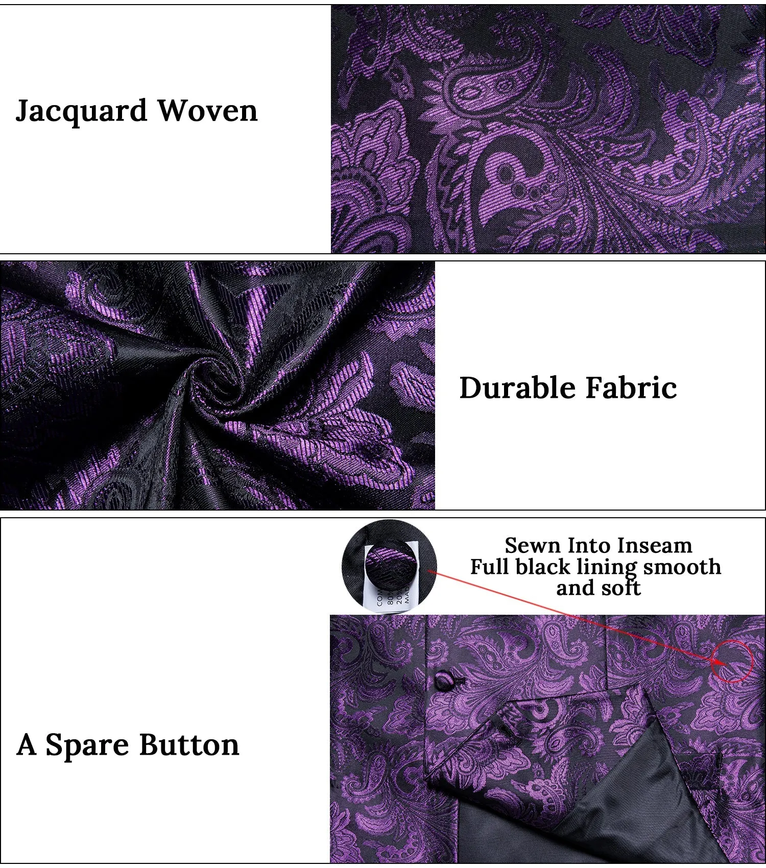 Classic Indigo Purple Luxury Paisley Jacquard Men's Collar Vest Tie Hanky Cufflinks Suit Set