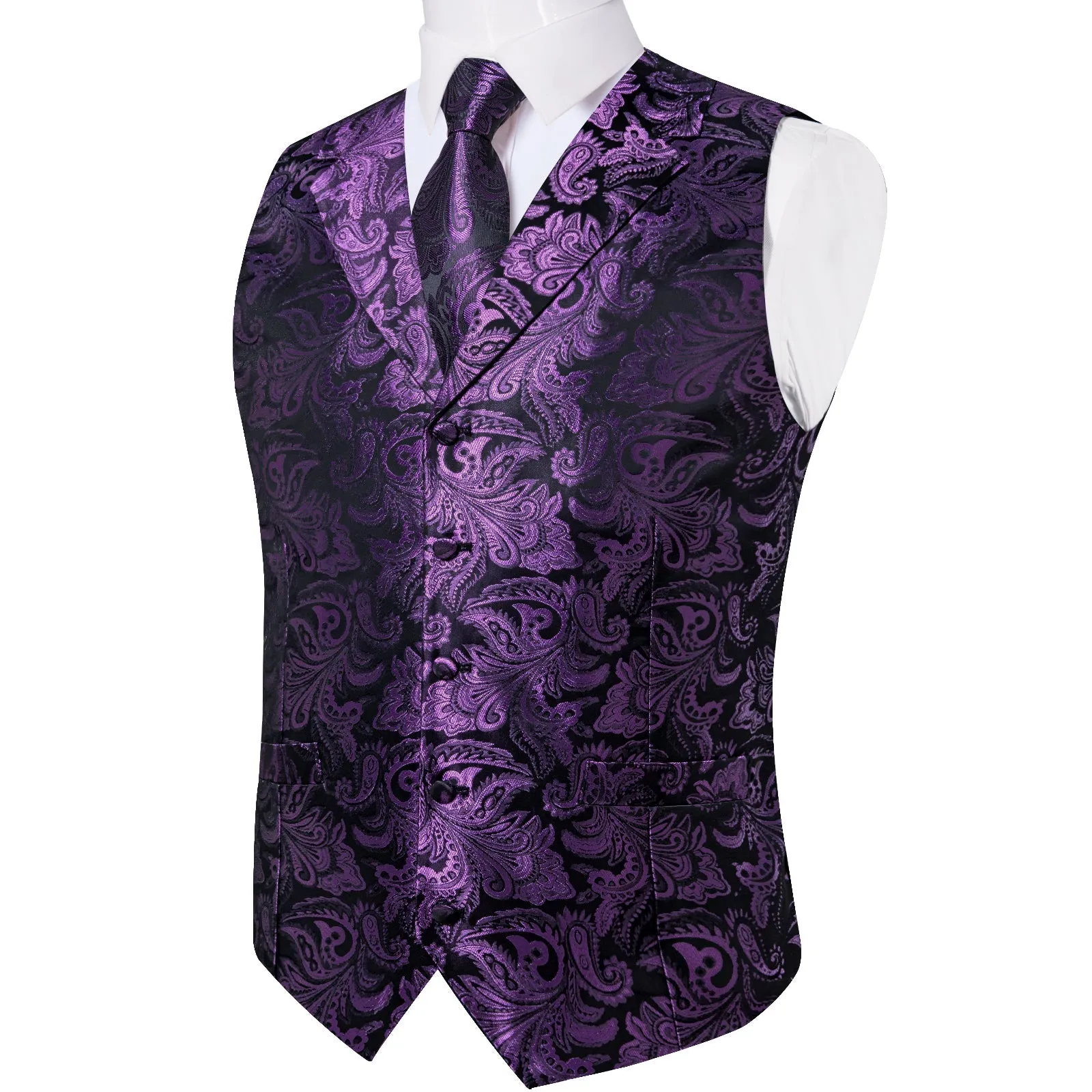 Classic Indigo Purple Luxury Paisley Jacquard Men's Collar Vest Tie Hanky Cufflinks Suit Set