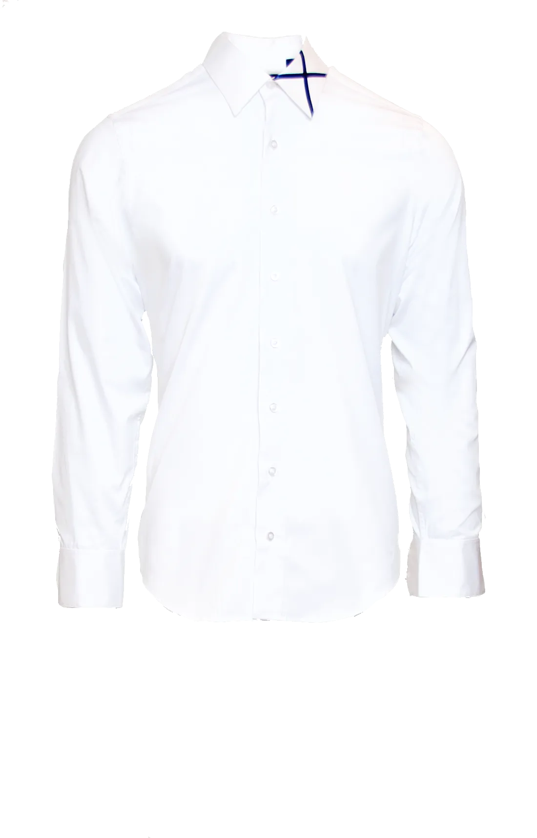 CRISP WHITE FITTED COTTON DRESS SHIRT W/ NAVY SATIN X ICON