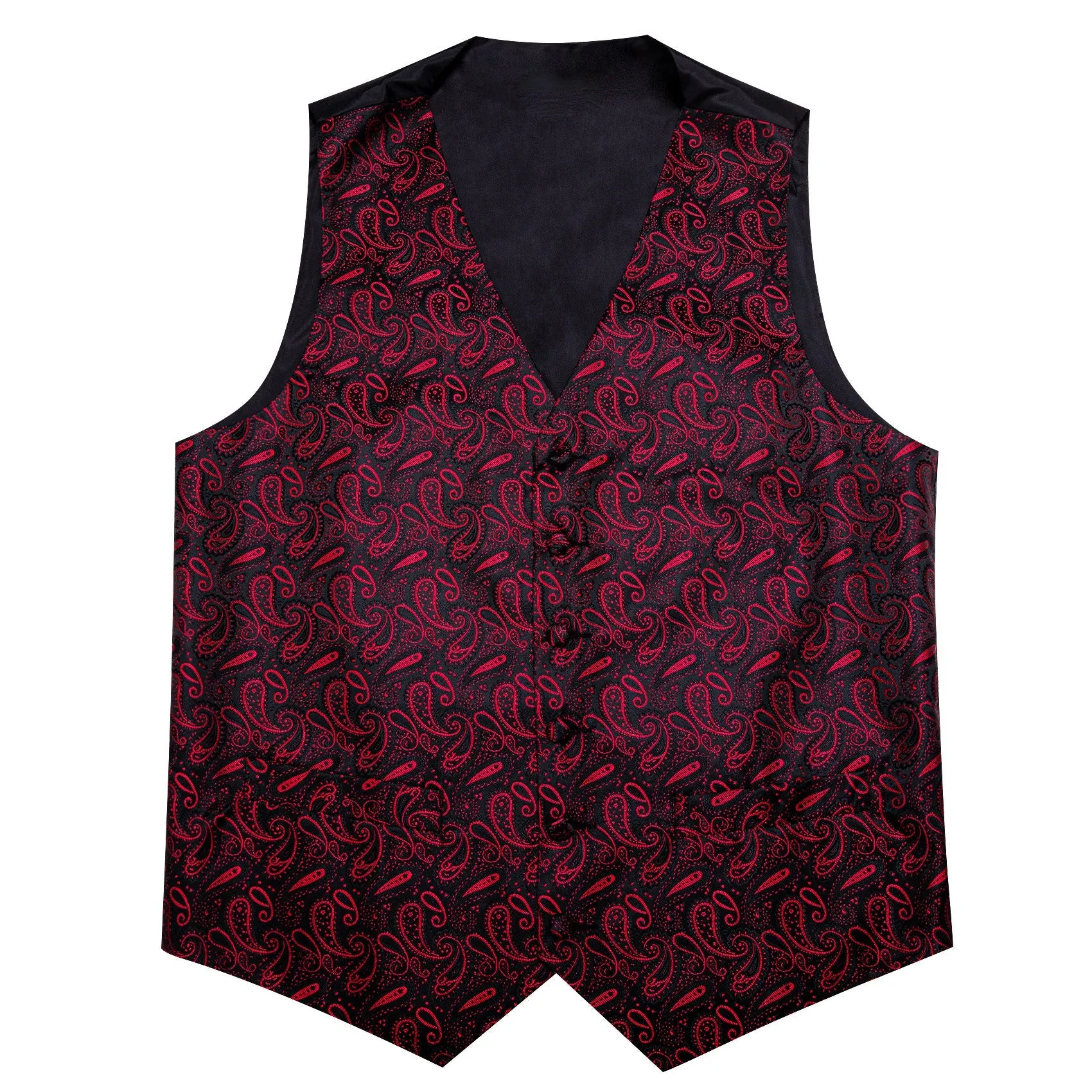 Dark Red Black Paisley Silk Men's Vest Bow Tie Handkerchief Cufflinks Set