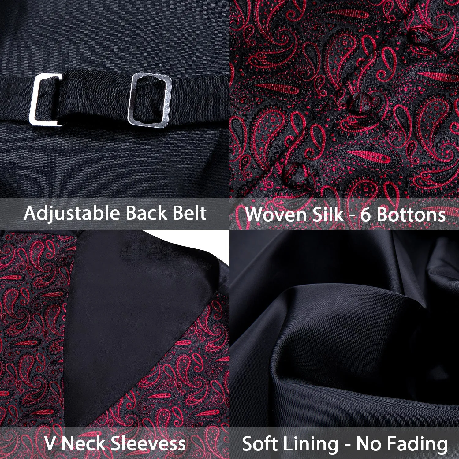 Dark Red Black Paisley Silk Men's Vest Bow Tie Handkerchief Cufflinks Set