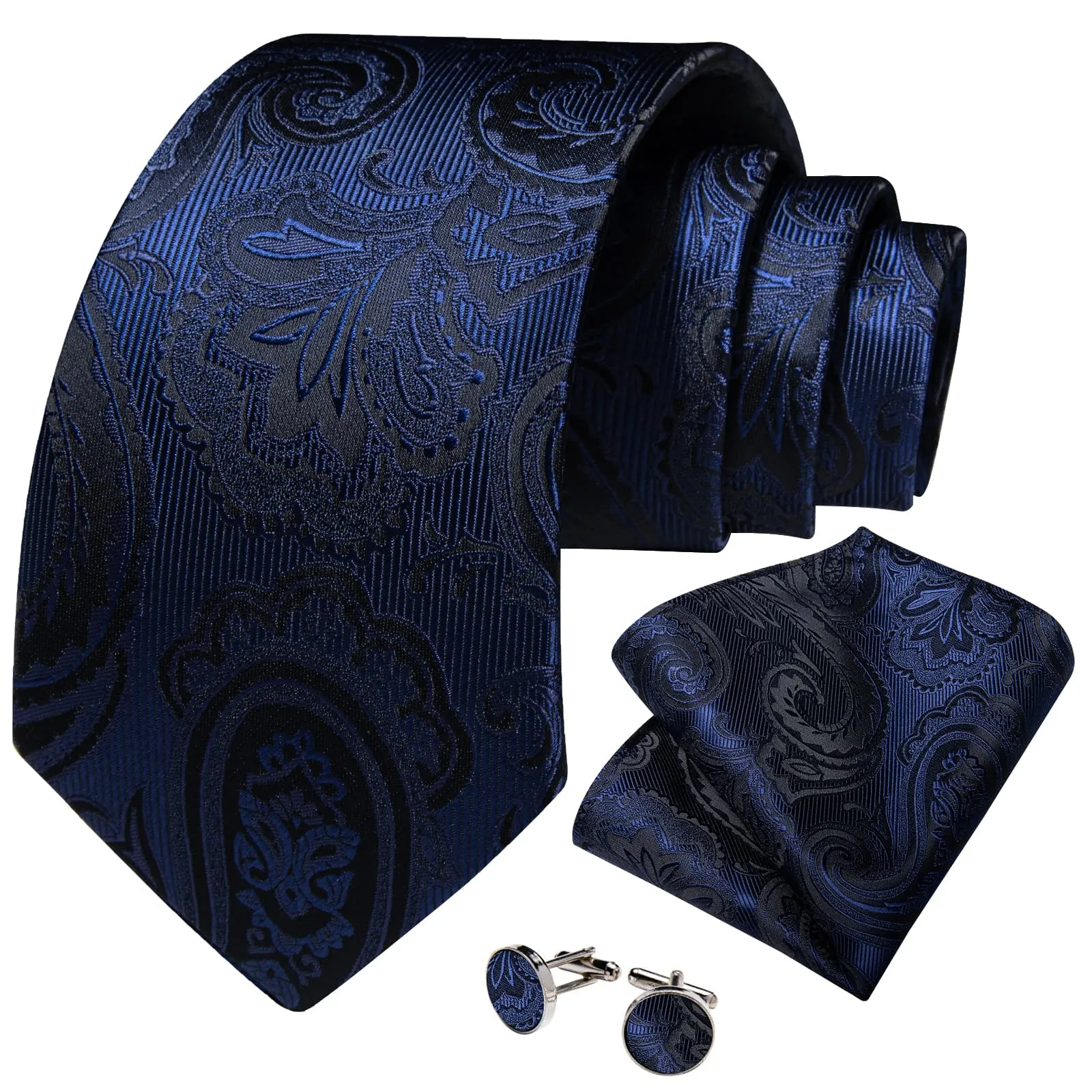 DiBanGu Dress Tie Berry Blue Floral Men's Silk Tie Handkerchief Cufflinks Set