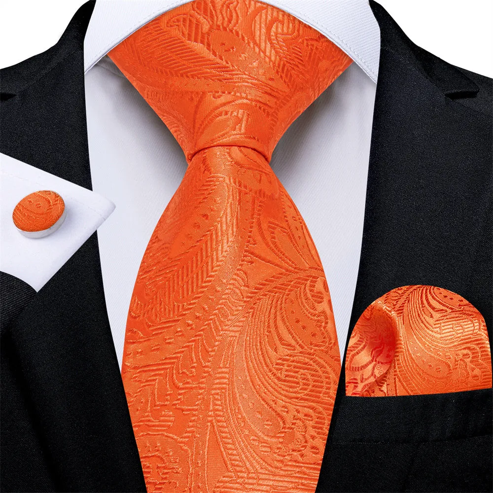 DiBanGu Hot Orange Paisley Silk Mens Tie Pocket Square Cufflinks Set