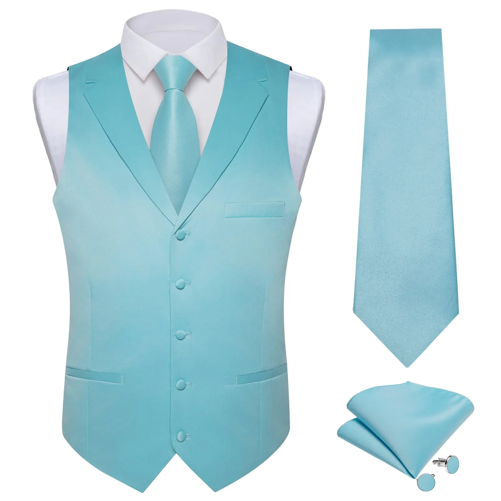 DiBanGu Tuxedo Waistcoat Light Blue Solid Notched Collar Business Casual Vest for Men