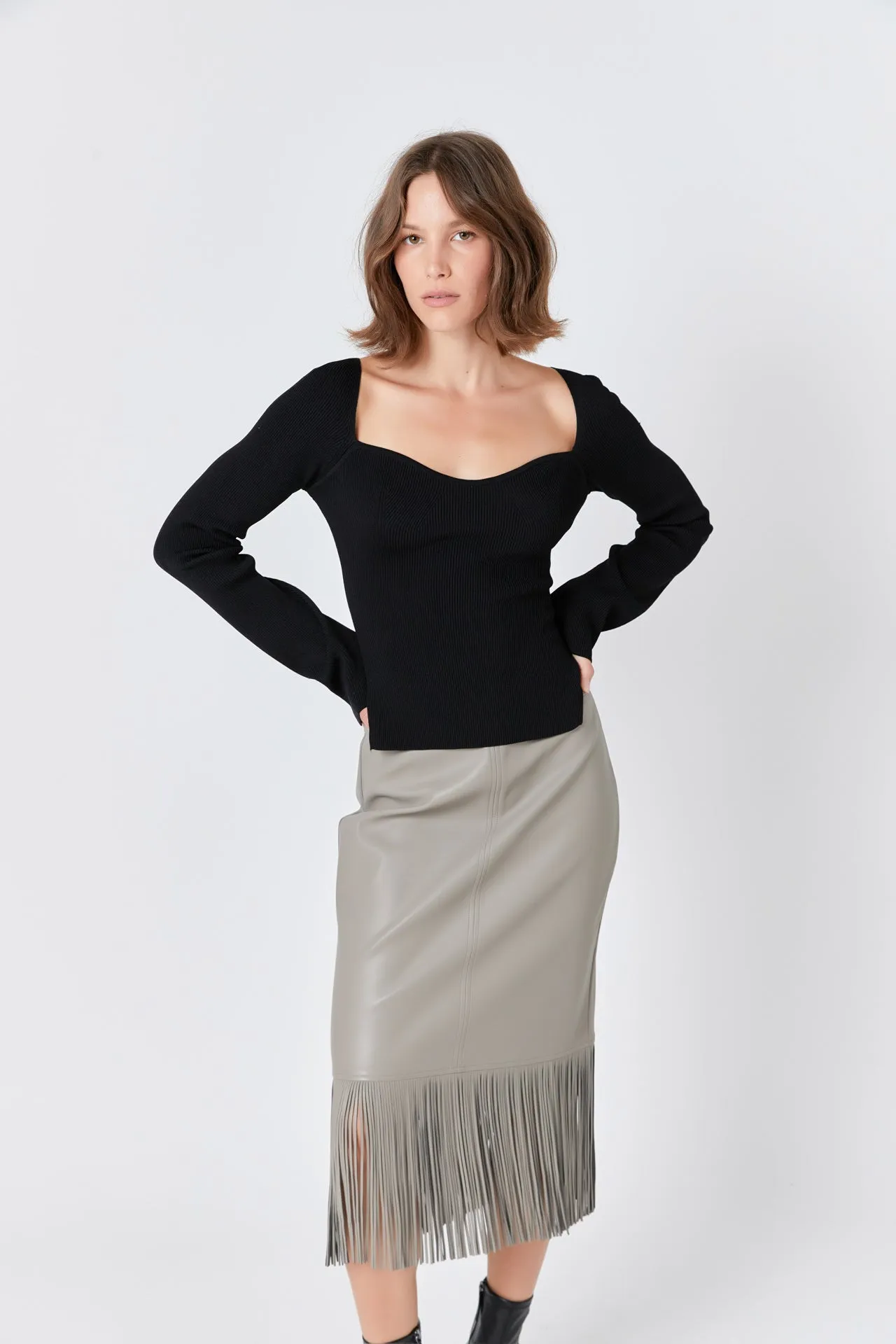 Endless Rose - Pu Fringe Pencil Midi Skirt