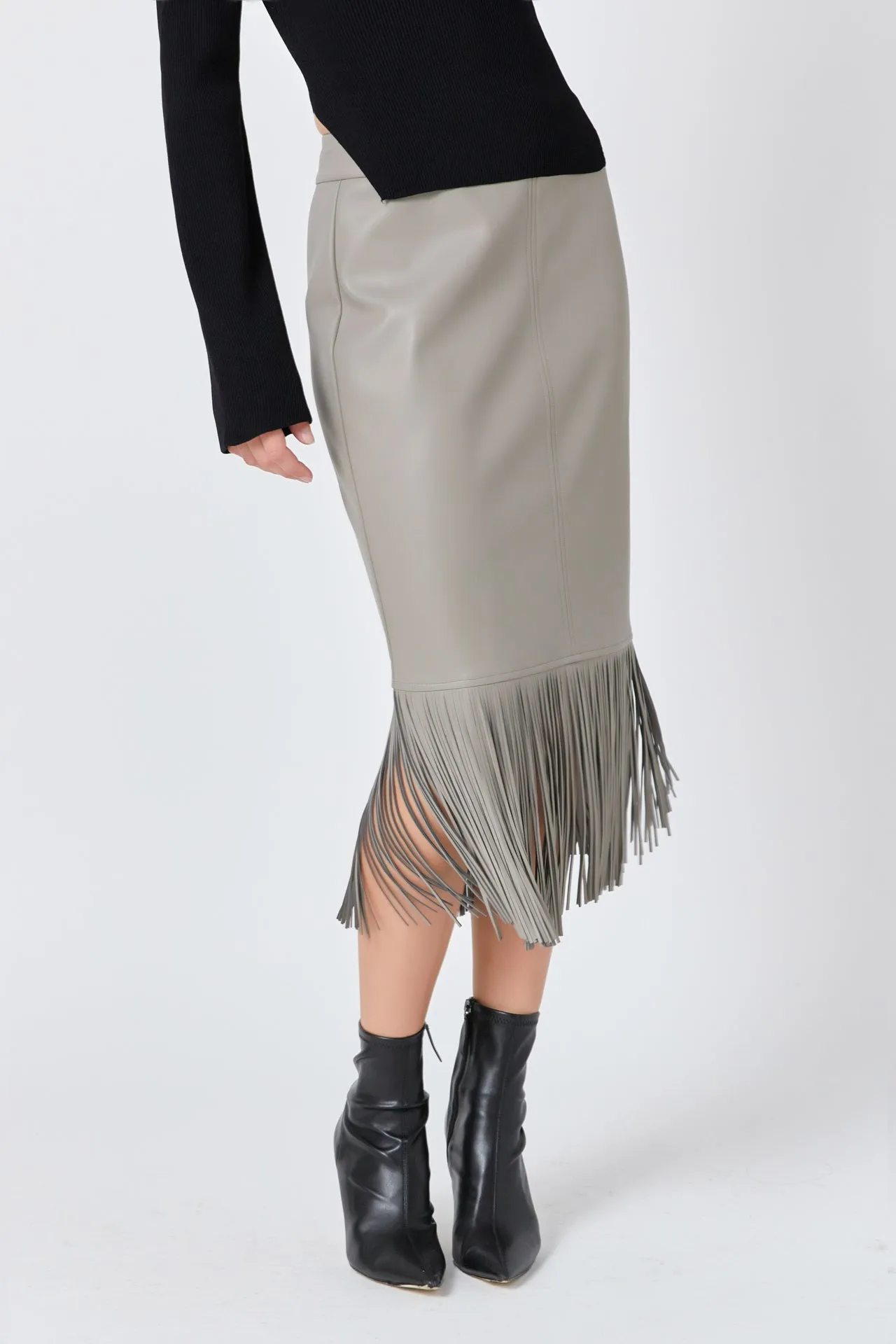 Endless Rose - Pu Fringe Pencil Midi Skirt