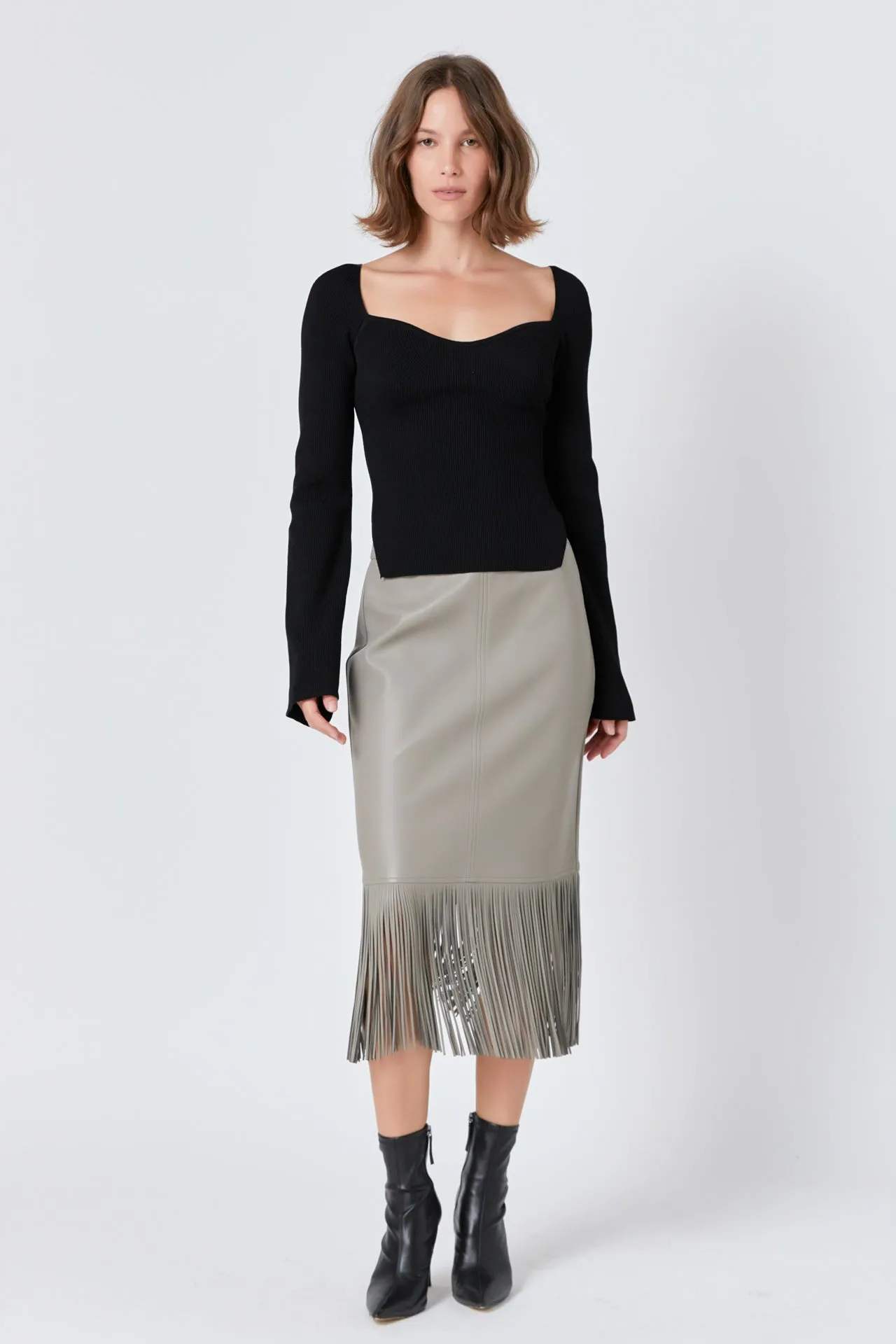 Endless Rose - Pu Fringe Pencil Midi Skirt