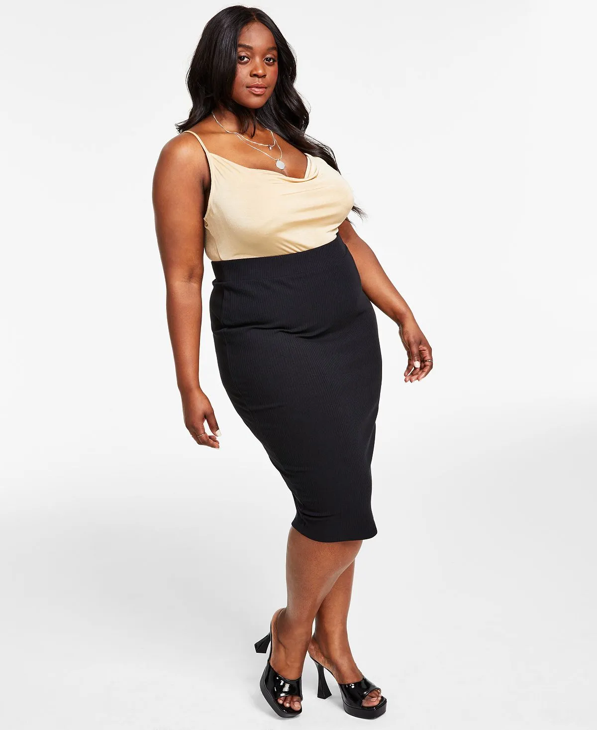 Fashionable plus size fitted jersey midi skirt designed for Macy's Bar III multi