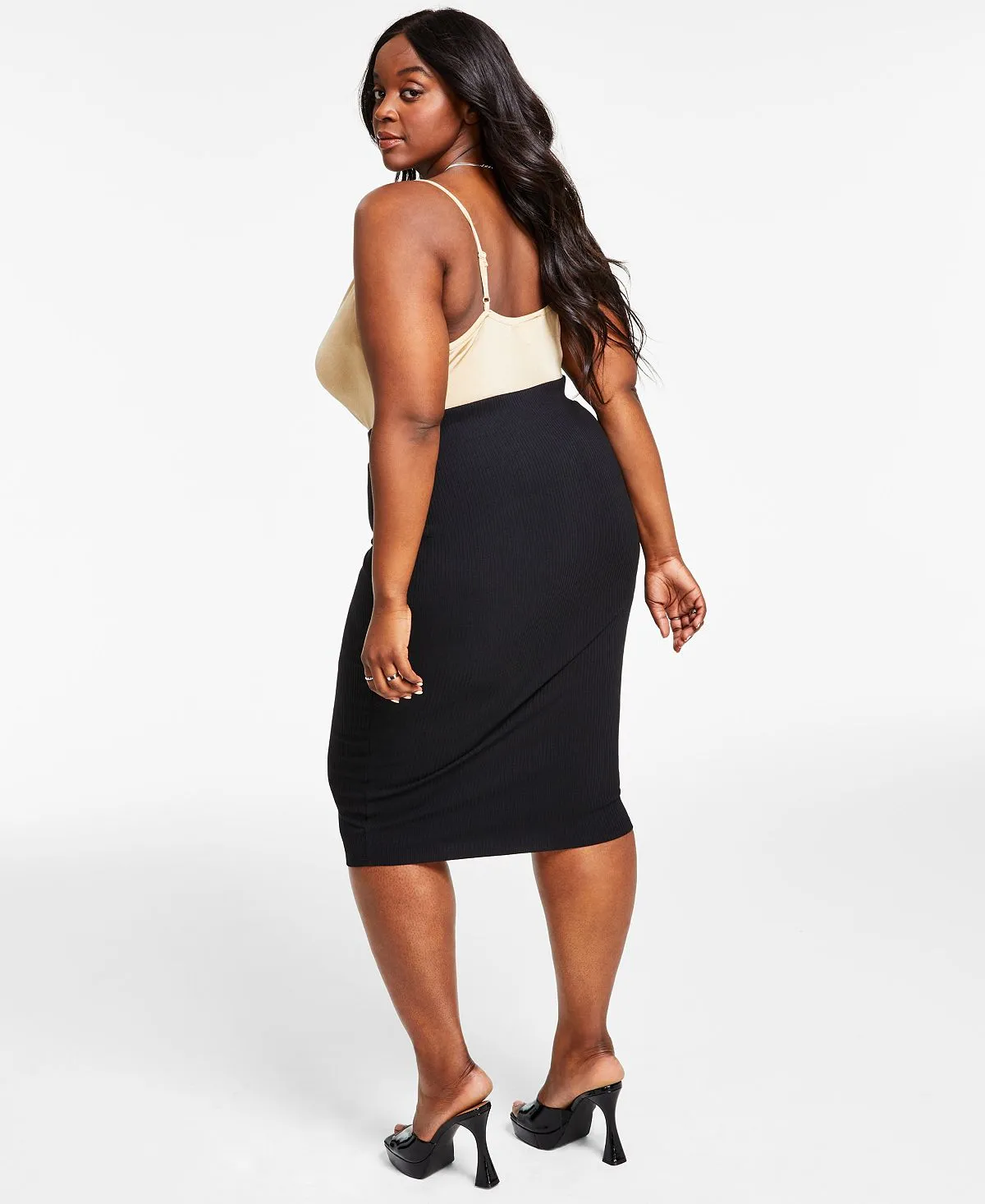 Fashionable plus size fitted jersey midi skirt designed for Macy's Bar III multi