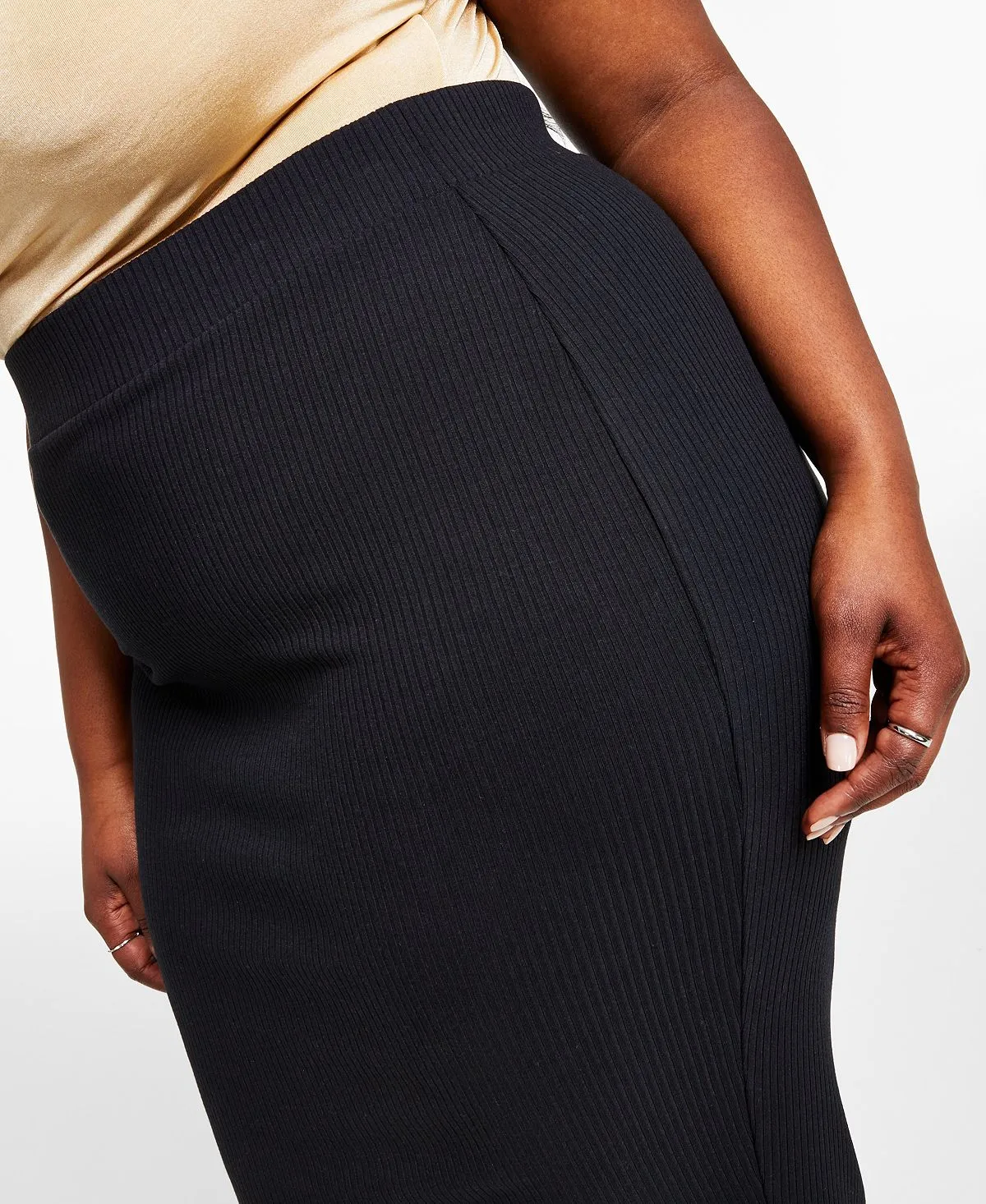 Fashionable plus size fitted jersey midi skirt designed for Macy's Bar III multi