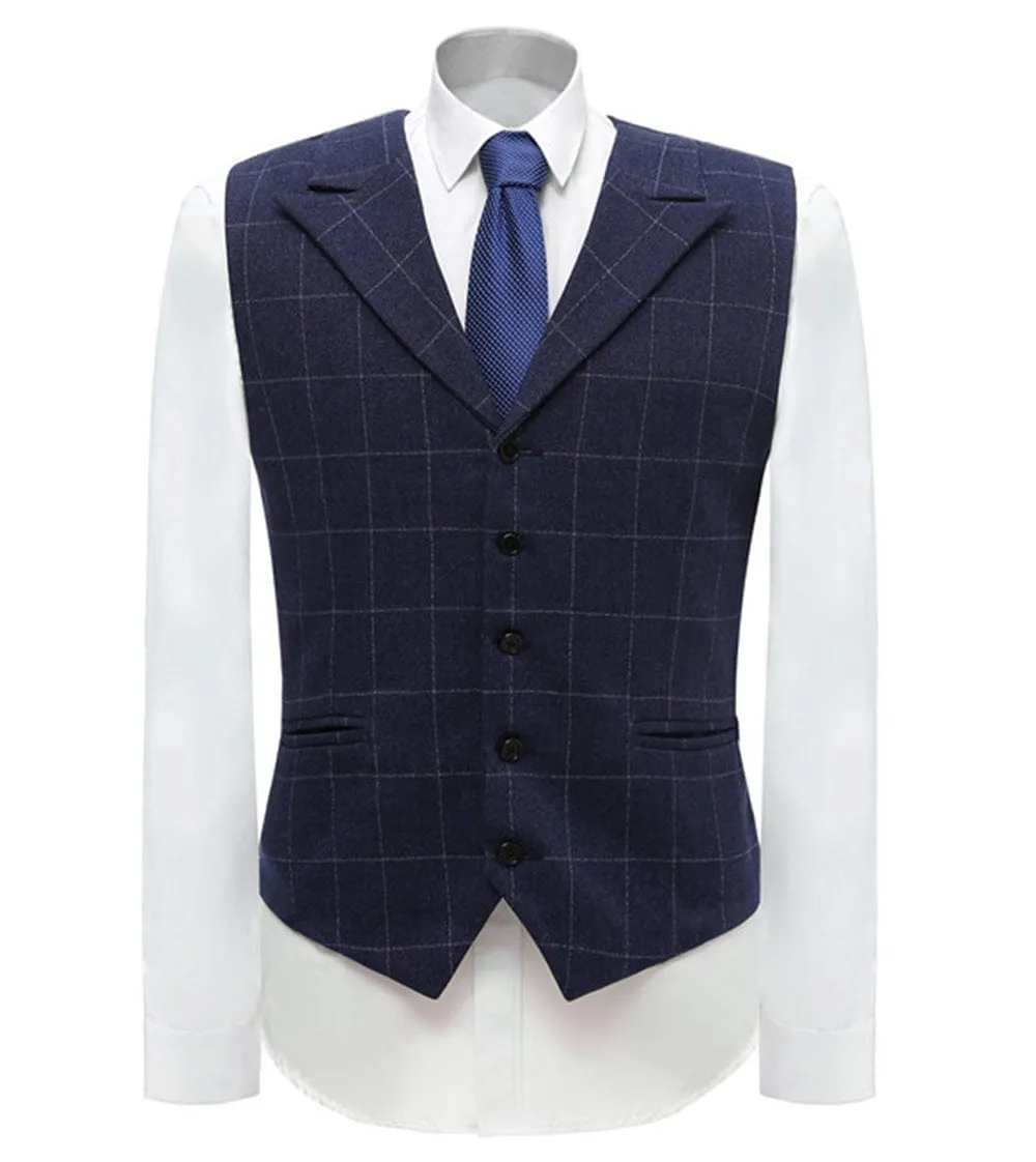 Formal Plaid Peak Lapel Waistcoat Slim Fit Suit Vest