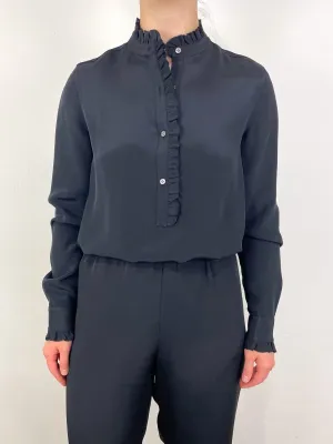 Frill Blouse in Black Silk Crepe