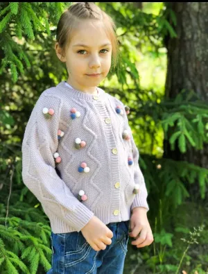 Girls Pom Pom Knitted Cardigan - Lilac Purple Multi