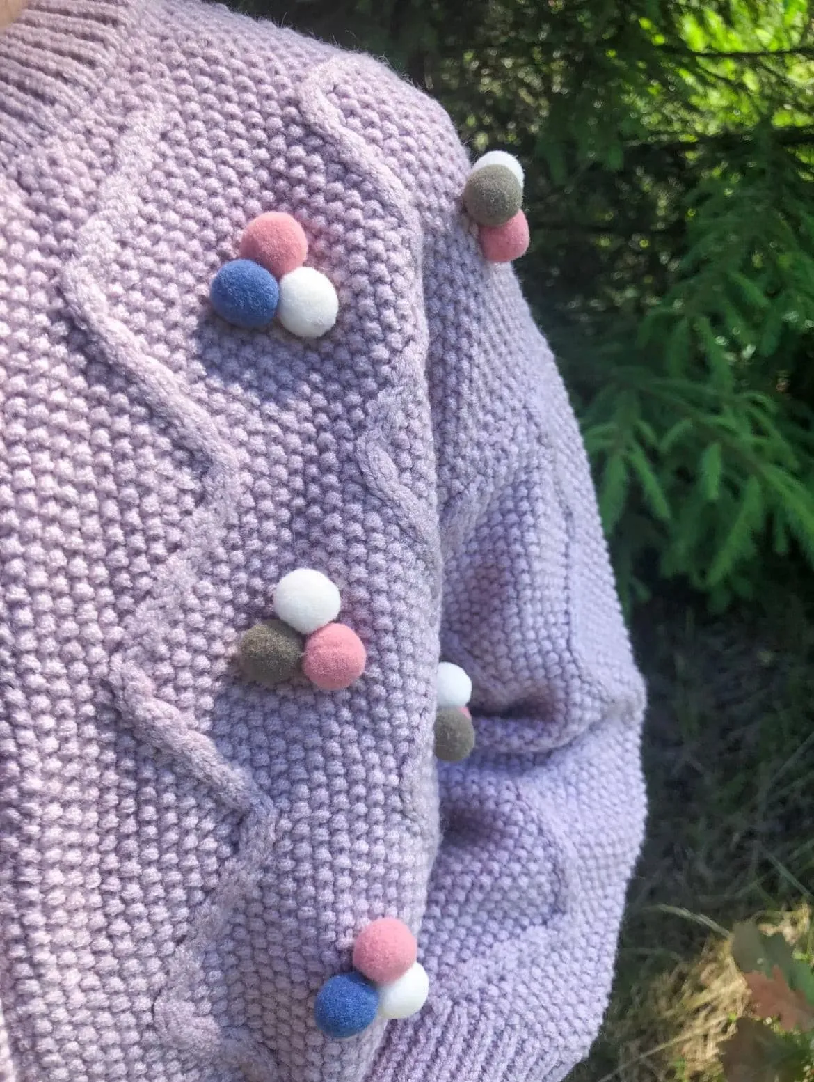 Girls Pom Pom Knitted Cardigan - Lilac Purple Multi