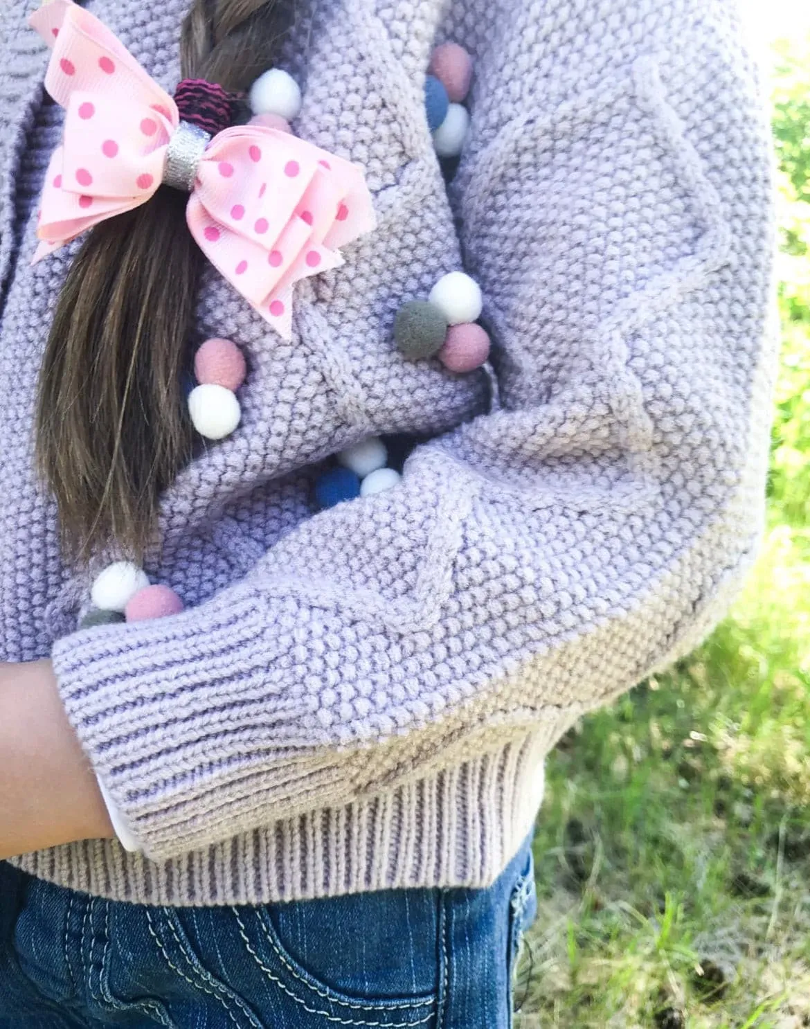 Girls Pom Pom Knitted Cardigan - Lilac Purple Multi