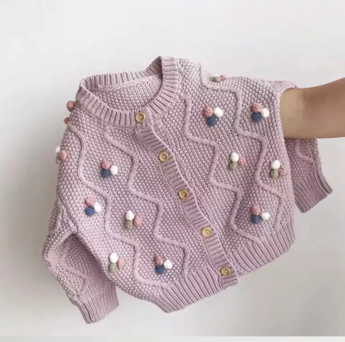 Girls Pom Pom Knitted Cardigan - Lilac Purple Multi