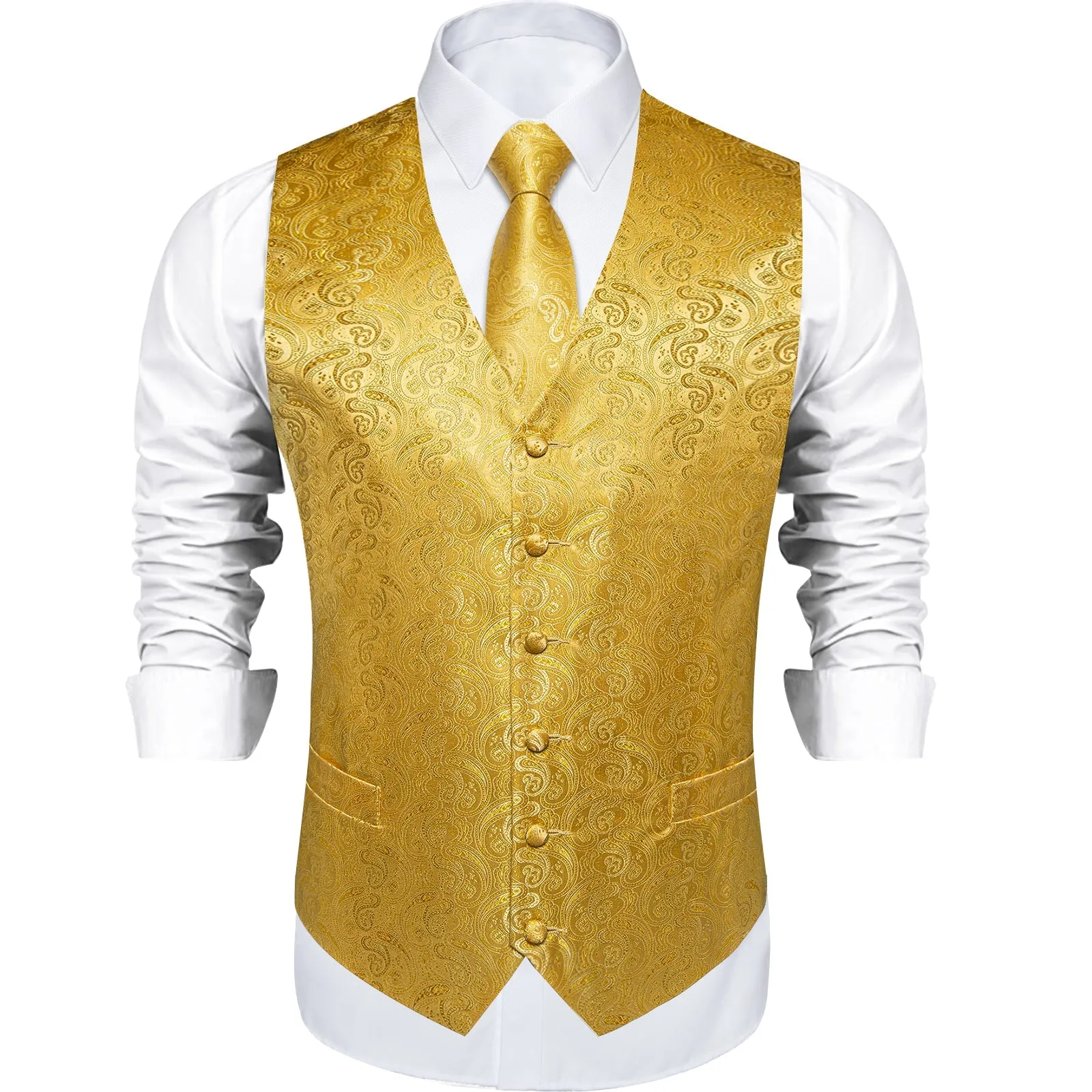 Golden Yellow Paisley Jacquard Silk Men's Vest Hanky Cufflinks Tie Set