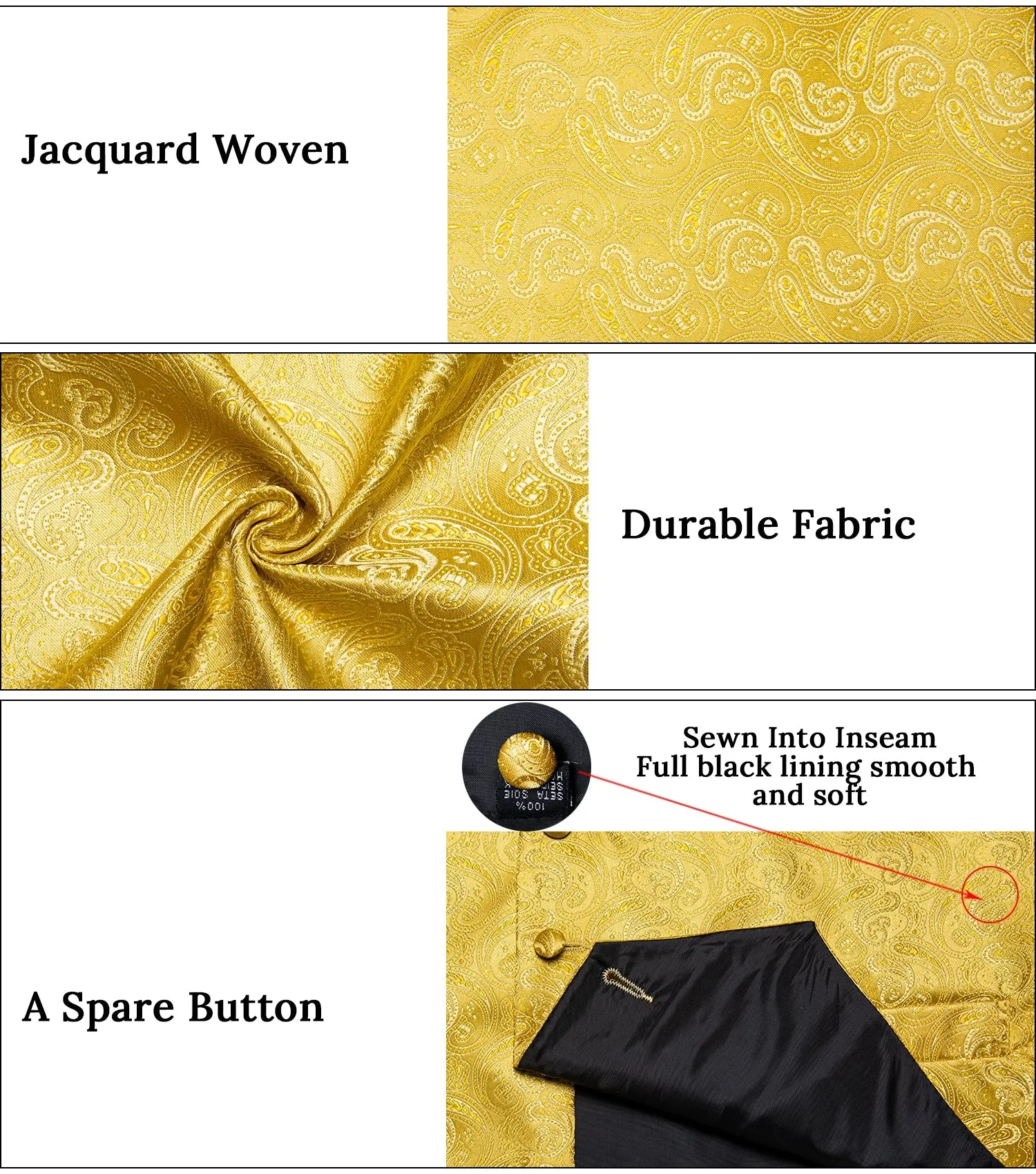 Golden Yellow Paisley Jacquard Silk Men's Vest Hanky Cufflinks Tie Set