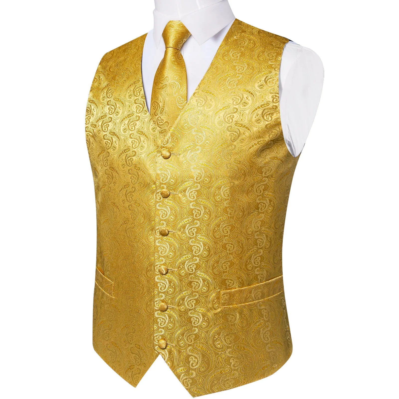 Golden Yellow Paisley Jacquard Silk Men's Vest Hanky Cufflinks Tie Set