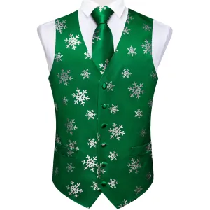 Green Sliver Christmas Snowflake Novelty Men's Vest Tie Hanky Cufflinks Set Waistcoat Suit Set