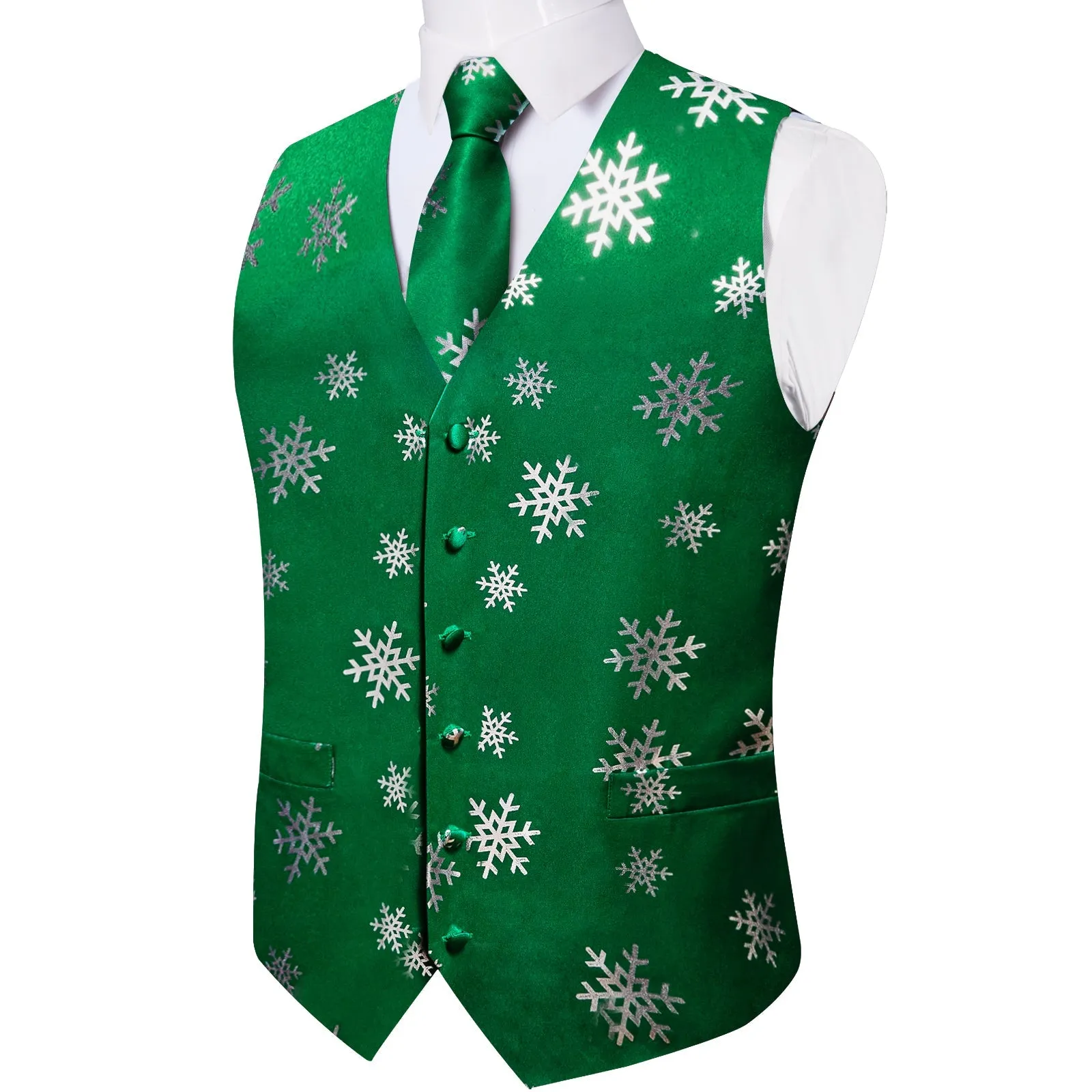 Green Sliver Christmas Snowflake Novelty Men's Vest Tie Hanky Cufflinks Set Waistcoat Suit Set