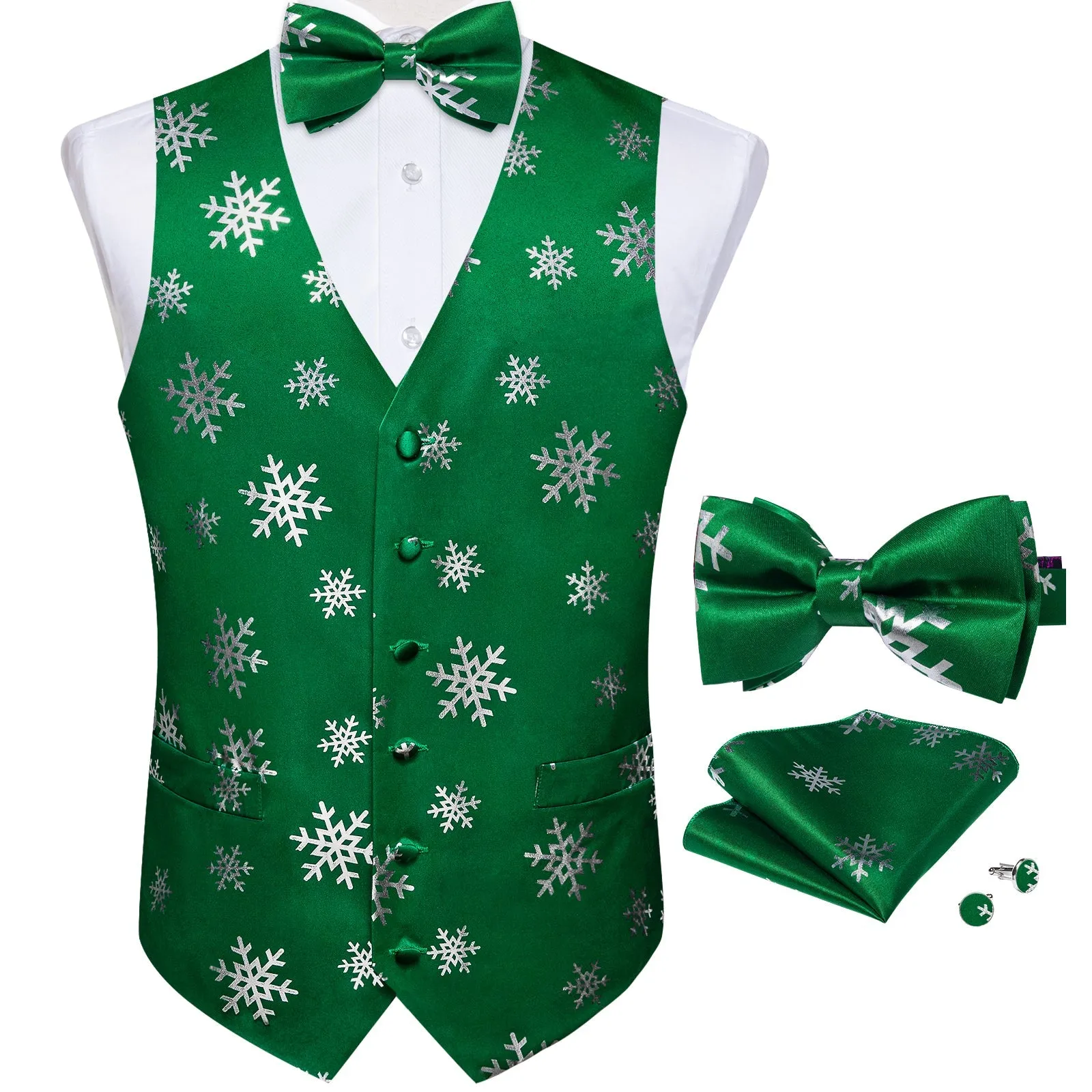 Green Sliver Christmas Snowflake Novelty Silk Men's Vest Bow Tie Handkerchief Cufflinks Set